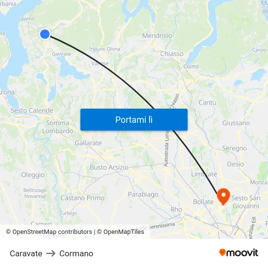 Caravate to Cormano map