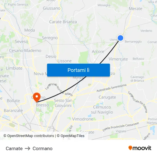 Carnate to Cormano map