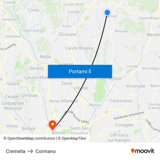 Cremella to Cormano map
