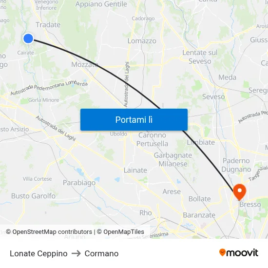 Lonate Ceppino to Cormano map