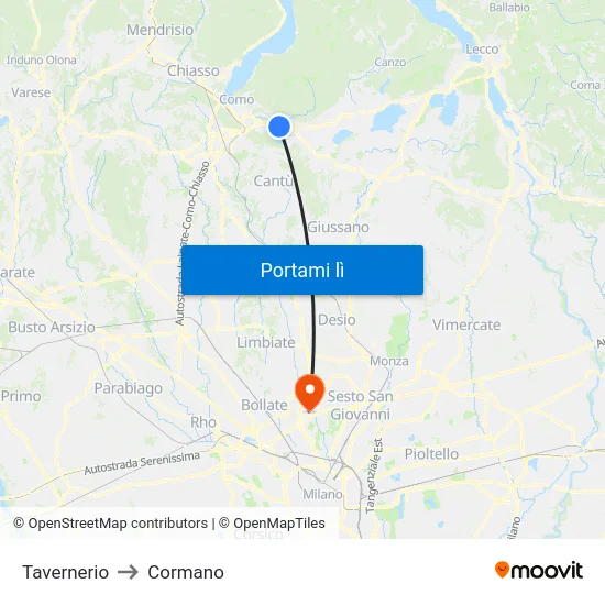 Tavernerio to Cormano map