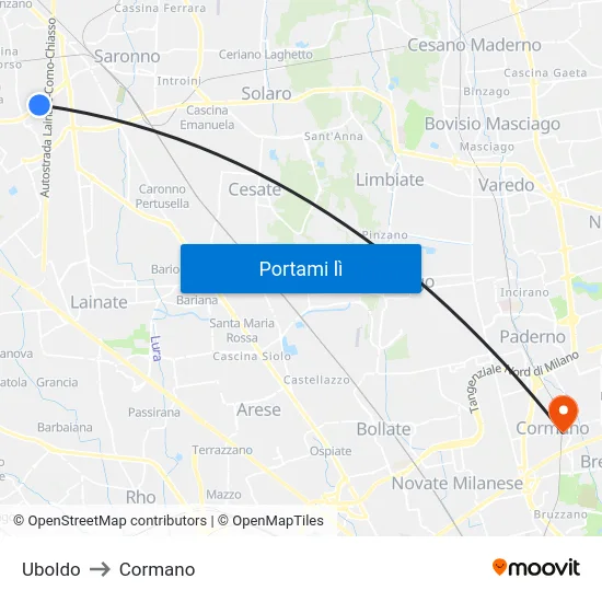 Uboldo to Cormano map