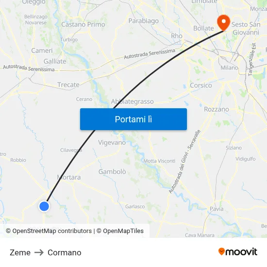 Zeme to Cormano map