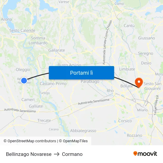 Bellinzago Novarese to Cormano map
