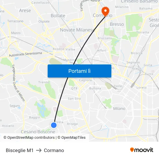 Bisceglie M1 to Cormano map