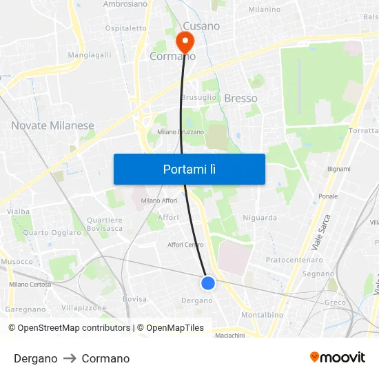 Dergano to Cormano map