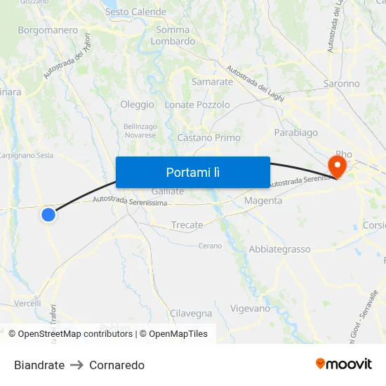 Biandrate to Cornaredo map