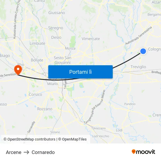 Arcene to Cornaredo map