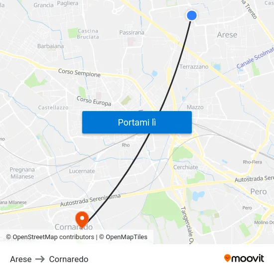 Arese to Cornaredo map