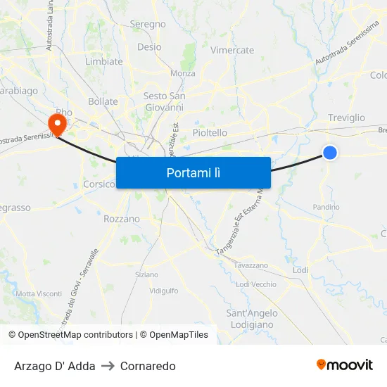 Arzago D' Adda to Cornaredo map