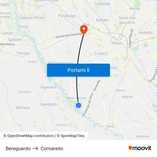 Bereguardo to Cornaredo map