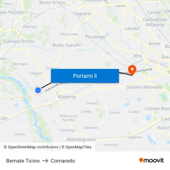 Bernate Ticino to Cornaredo map