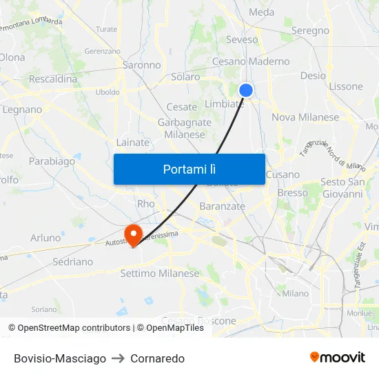 Bovisio-Masciago to Cornaredo map
