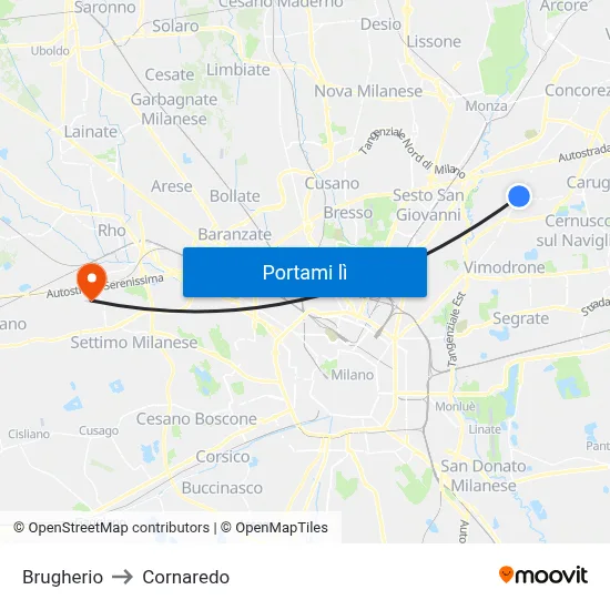 Brugherio to Cornaredo map