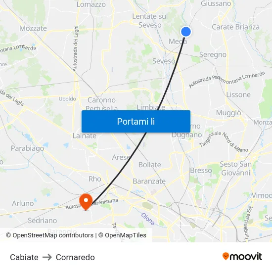 Cabiate to Cornaredo map