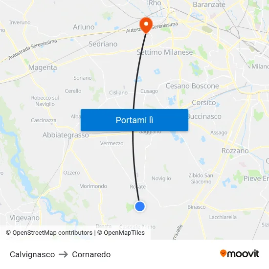 Calvignasco to Cornaredo map