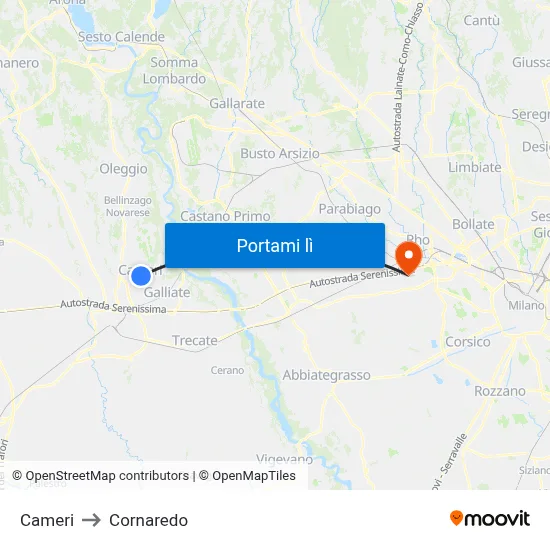 Cameri to Cornaredo map