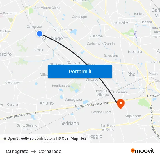 Canegrate to Cornaredo map