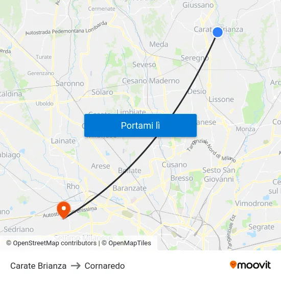 Carate Brianza to Cornaredo map