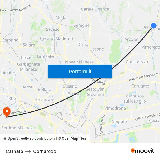 Carnate to Cornaredo map