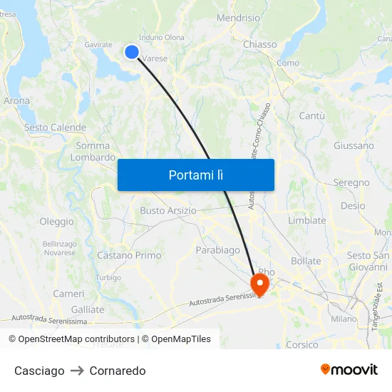 Casciago to Cornaredo map