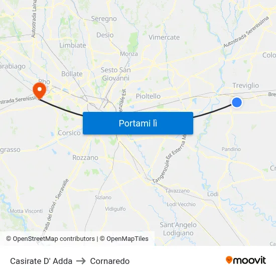 Casirate D' Adda to Cornaredo map
