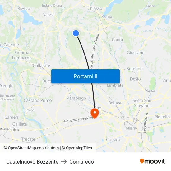 Castelnuovo Bozzente to Cornaredo map