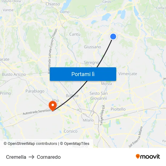 Cremella to Cornaredo map