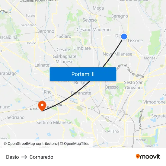 Desio to Cornaredo map