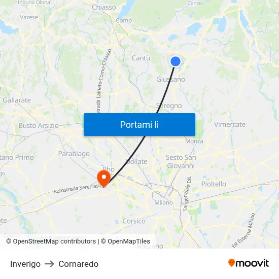 Inverigo to Cornaredo map