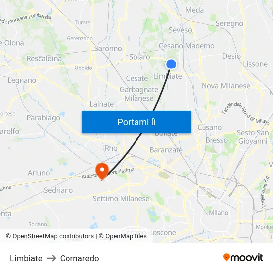 Limbiate to Cornaredo map