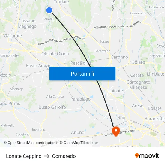 Lonate Ceppino to Cornaredo map