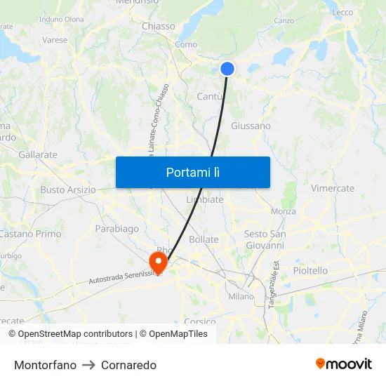 Montorfano to Cornaredo map