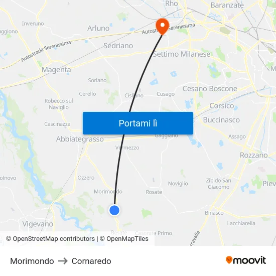Morimondo to Cornaredo map