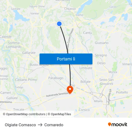Olgiate Comasco to Cornaredo map