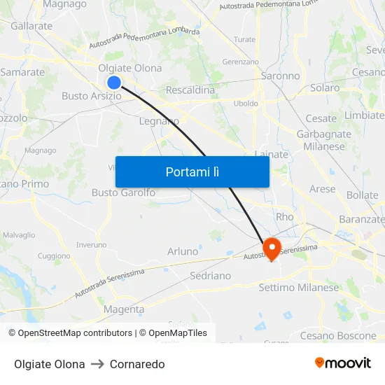 Olgiate Olona to Cornaredo map