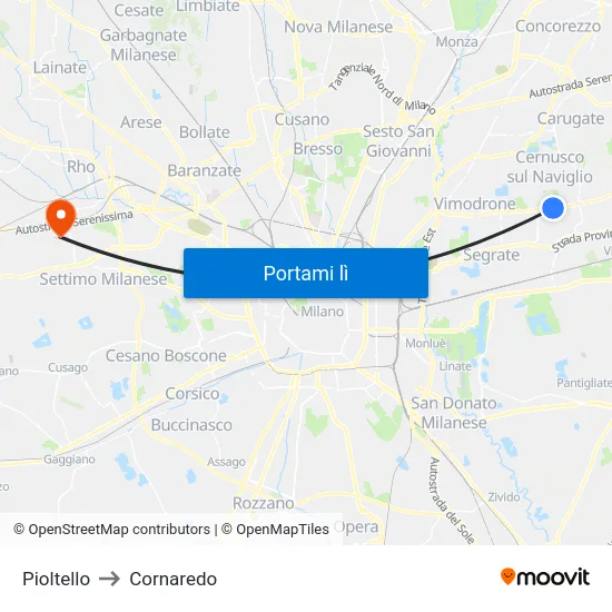 Pioltello to Cornaredo map