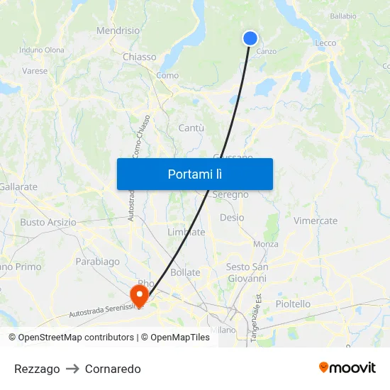 Rezzago to Cornaredo map