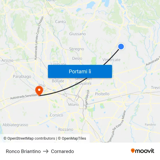 Ronco Briantino to Cornaredo map