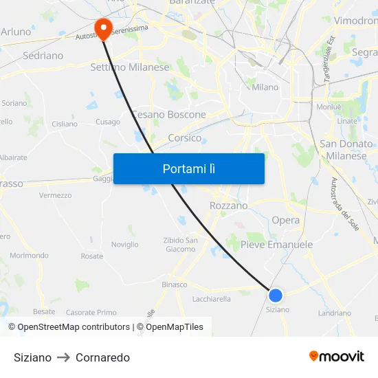 Siziano to Cornaredo map