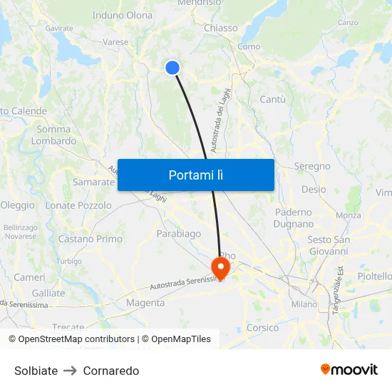 Solbiate to Cornaredo map