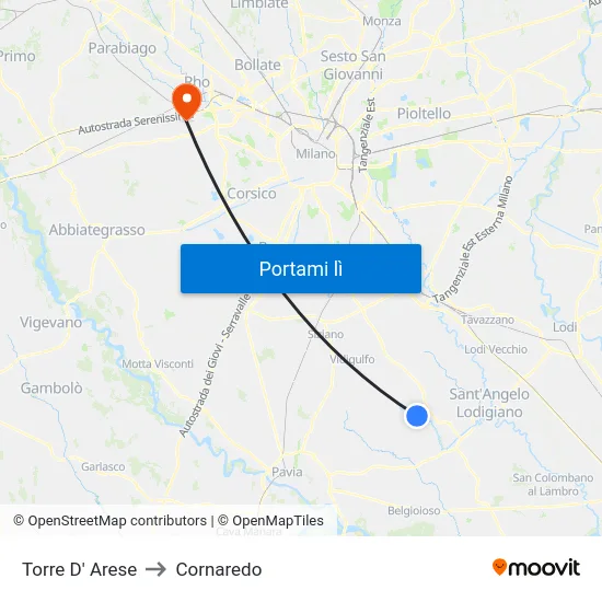 Torre D' Arese to Cornaredo map
