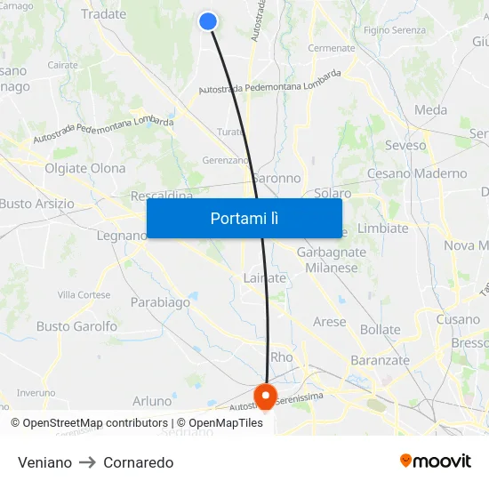 Veniano to Cornaredo map