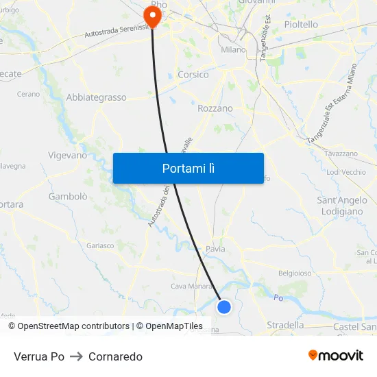 Verrua Po to Cornaredo map