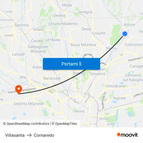 Villasanta to Cornaredo map
