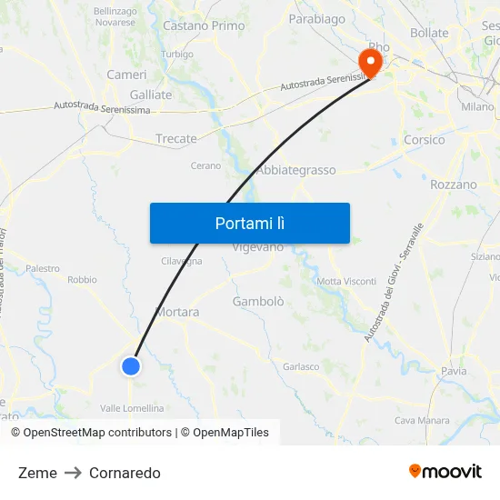 Zeme to Cornaredo map