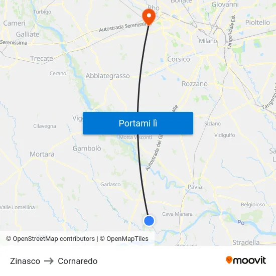 Zinasco to Cornaredo map