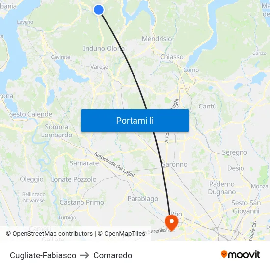 Cugliate-Fabiasco to Cornaredo map