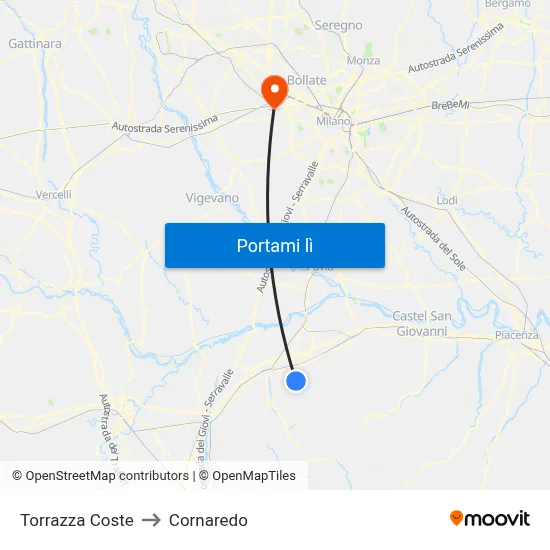 Torrazza Coste to Cornaredo map