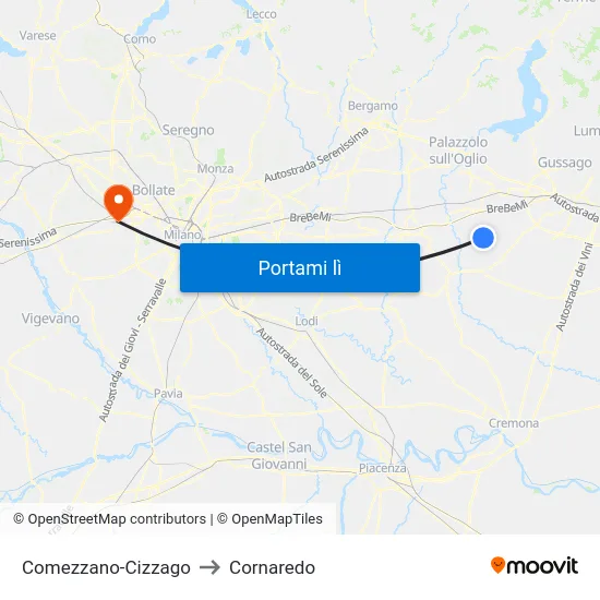 Comezzano-Cizzago to Cornaredo map